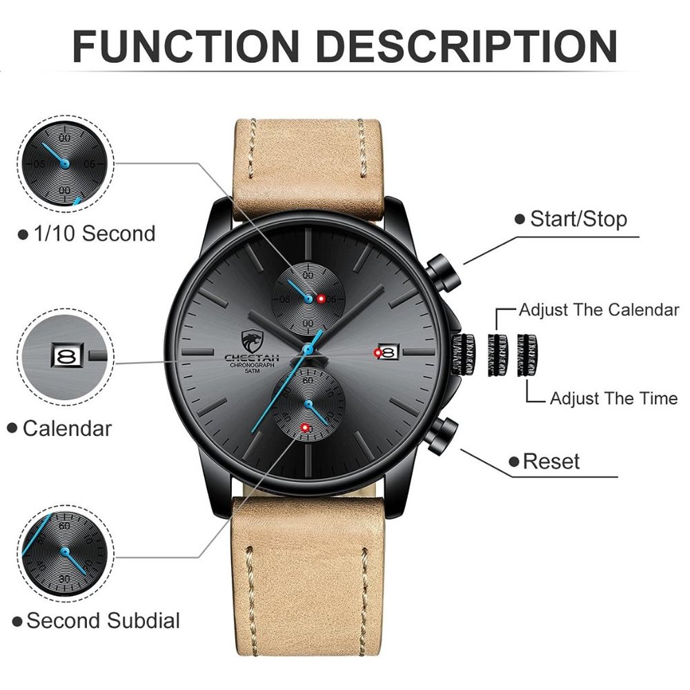 NEW Men's Watch CHEETAH Brand Fashion Sports Quartz Watch Waterproof Chronograph - Picture 4 of 6